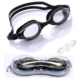نظارات سباحة مضادة للضباب مع صندوق وسدادات أذن - أسود