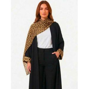 كارديجان ملكي أسود مفتوح بشال متصل (نقشة ليوبارد) - إطلالة راقية للعيد والمناسبات