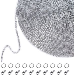 سلسلة وصلات من الفولاذ المقاوم للصدأ بطول 33 قدمًا، مع 20 مشبك كارابين و30 حلقة وصل، لصنع المجوهرات، 1.5 مم