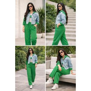 طقم خروج بناتي شيك – خامة ميلتون مبطن مع جاكيت جينز المقاسات: 12 / 14 / 16 / 18 سنة