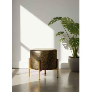 Luxurious black decorative pouf with a gold pattern – sturdy metal base