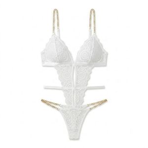 NF22-053 White Women's Alluring Lace Bodysuit Cutout One-Piece Teddy with Shimmering Gold Metallic Chains