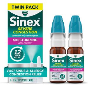 Vicks Sinex Severe Nasal Spray, Moisturizing Ultra Fine Mist with Aloe, Decongestant Medicine, Relief from Stuffy Nose Due to Cold or Allergy, Nasal Congestion & Sinus Pressure Relief, 265 Sprays x 2
