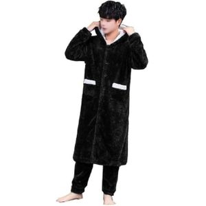 طقم بيجامة من الفرو الأسود للرجال: رداء طويل وسروال