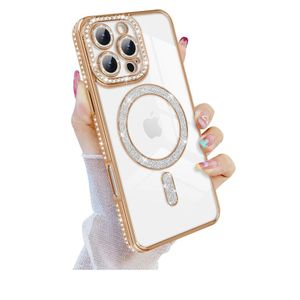 Cover For iPhone 15 Pro Max Magnetic Glitter Case,Luxury Bling Rhinestone Diamond Plated Bumper Case,Compatible with MagSafe, Sparkle Camera Lens Protection Clear Cover for Women Girls(Gold)