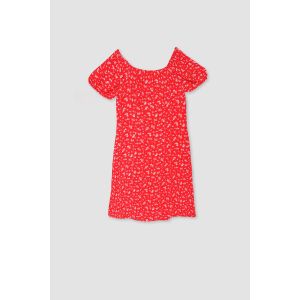 Defacto Woman Square Neck Fit And Flare Short Sleeve Woven Dress - Red