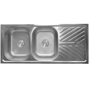 2PQ Double Bowl Stainless Steel Kitchen Sink with Integrated Drainboard - 120x50x20 cm - Satin Finish - Complete Drainage Kit included
