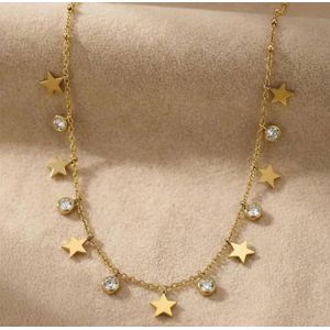عقد حريمي ستانلس ستيل مطلي ذهب بتصميم نجوم وفصوص لامعة – سلسلة نسائية أنيقة للمناسبات والسهرات
