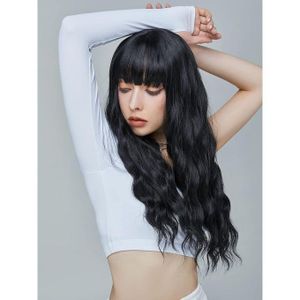 باروكة شعر صناعي طويل مموج اسود اللون شعر حراري