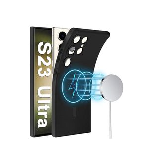 جراب حماية مغناطيسي لهاتف سامسونج جالاكسي إس 23 ألترا مع واقي عدسة كاميرا متوافق مع تقنية ماج سيف، جراب معدني رفيع غير لامع مصنوع من السيليكون الناعم والمطاط، جراب شحن لاسلكي رفيع لهاتف سامسونج إس 23 ألترا، أسود