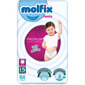 Molfix موفليكس حفاضات اطفال مقاس 5، عبوة كبيرة، 12-17 كغم، 64 وحدة، حفاضات موفليكس بريميوم اكسجين، مقاس 5، 12-17 كجم، 64 قطعة، خامة قطنية