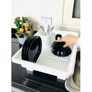 رف اطباق بلاستيكي مع قاعدة - مصفاة حوض للمطبخ - منظم اطباق وملاعق واكواب (ابيض)