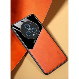 جراب متوافق مع هاتف Honor Magic 5 Pro 5G، جراب فاخر من الجلد والزجاج مع حامل مغناطيسي للسيارة، جراب هاتف بإطار سيليكون ناعم - برتقالي