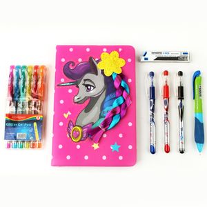 طقم قلم جيل كى روود 6 قلم جليتر,نوتة باستيك 14×21 سم ,قلم رصاص سنون 0.7 مم