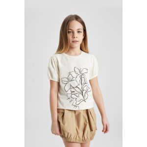 Defacto Girl Regular Fit Short Sleeve T-Shirt - Ecru