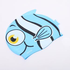 Activ Fish Printed Slip On Rubber Kids Swim Cap - Blue, White & Black