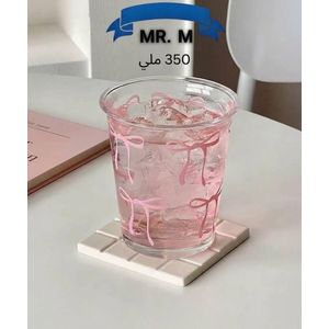 كوب فيونكات زجاج بتصميم أنيق وكيوت زجاج شفاف عالي الجودة مع رسومات فيونكات تضيف لمسة ناعمة ومميزة٣٥٠ ملي