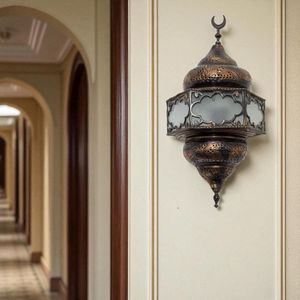 BR83 Vintage Moroccan Hanging Wall Sconce, Brass Dome with White Glass Panels, Traditional Egyptian Style, Decorative Lantern with Intricate Cutwork Pattern