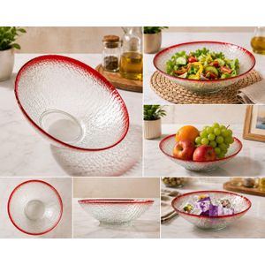 Large Textured Glass Serving Bowl with Red Rim – Multipurpose Fruit & Salad Bowl