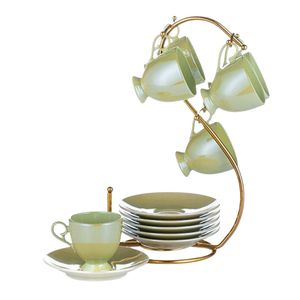 طقم قهوة بورسلين لاستر 12 قطعة + استاند ذهبي - لوتس