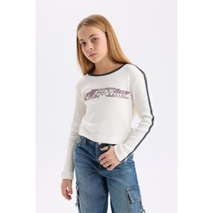 Defacto Slim Fit Slim Cut Crew Neck Printed Ribbed Cotton Long Sleeve T-Shirt Girls'