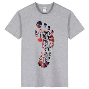 T-Shirt, Grey Journey of 1000 Miles Begins with Single Step Colorful Footprint Graphic, Short Sleeve