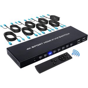 محول KVM بـ8 منافذ HDMI، 4K30Hz، مخرج 8 في 1، 4 أجهزة USB، جهاز تحكم بالأشعة تحت الحمراء و8 كابلات HDMI من تكنيوكل