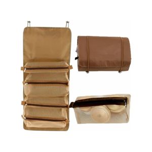 A stylish brown makeup bag with a practical, waterproof design, featuring internal mesh compartments ideal for organizing cosmetics while traveling.