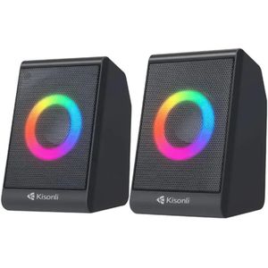Kisonli مكبر صوت X12 لايت بمنفذ USB وAUX من كيسونلي، مكبر صوت صغير مبتكر للتابلت والكمبيوتر والموبايل مع إضاءة ار جي بي، لون أسود