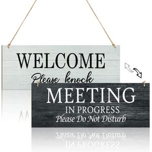 1 Piece in a Meeting Sign for Office Door, Double-side Meeting in Progress Please Do Not Disturb, Welcome Please Knock Hanging Wooden Sign Plaque 16 x 6 Inch (Black and White)