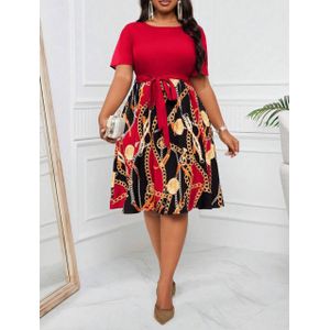 SHEIN Women's Elegant Commuter Red Chain Print Short Sleeve Dress With Cinched Waist, Mid-Length Four Seasons, For Summer