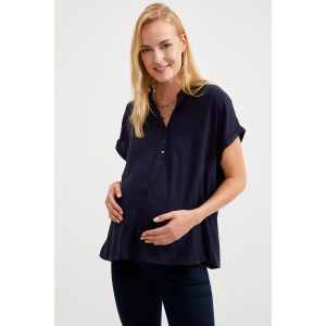 Defacto Woman Regular Fit Woven Tops Short Sleeve - Navy