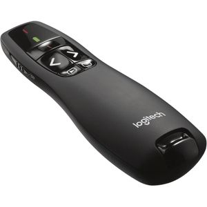 Logitech R400 Wireless Presentation Remote 2.4 GHz USB-Receiver Red Laser Pointer 15-Meter Operating Range 6 Buttons Intuitive Slideshow Control Battery Indicator PC