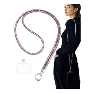 حبل تعليق للهاتف، حبل تعليق مرصع بالكريستال مع أحجار الراين اللامعة، حزام هاتف لامع يناسب معظم الهواتف وأجهزة الآيباد وحقائب اليد والمحافظ، حامل هاتف للرقبة للنساء (وردي داكن)