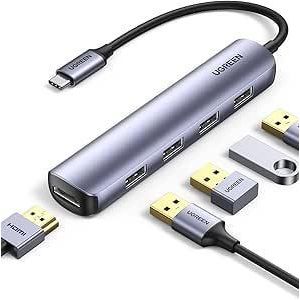 Ugreen موزع USB-C متعدد المنافذ 5 في 1 مع منفذ HDMI، قاعدة توصيل فائقة النحافة من النوع C