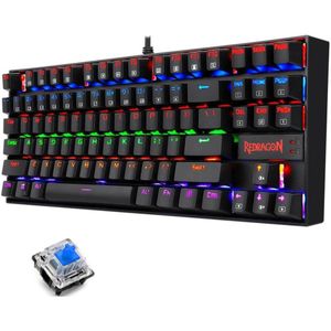 Redragon كيبورد العاب ميكانيكي K552 كومارا ، مفاتيح بلون أزرق وإضاءة خلفية بألوان قوس قزح، 87 مفتاح مقاس TKL، عربية وإنجليزية، أسود، USB