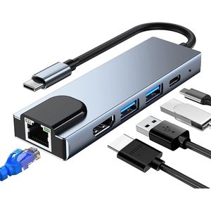 محول USB نوع سي 5 في 1 مع ايثرنت، موزع USB C3.0 مع منفذ ايثرنت rj45 بسرعة 100 ميجابت في الثانية ومنفذ شحن 100 وات وHDMI 4K ومنفذين USB 3.0 متوافق مع ماك بوك برو اير والأجهزة بمنفذ نوع سي