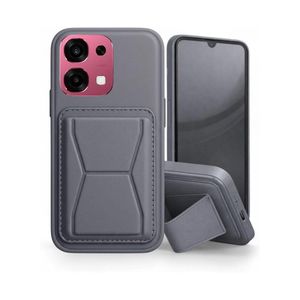 جراب جلدي متوافق مع هاتف Oppo A6 Pro، مقاوم للصدمات، مزود بجيب خلفي من الجلد لتخزين البطاقات وحامل مدمج، مصنوع من جلد البولي يوريثان لمظهر أنيق وقبضة مريحة (رمادي).