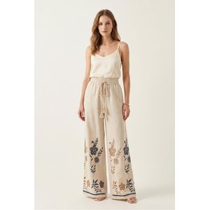 Forever 21 Embroidered Hem High-Waisted Wide-Leg Linen Pants