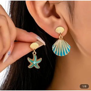 Beach-Inspired Asymmetrical Shell and Starfish Drop Earrings in Blue and Gold