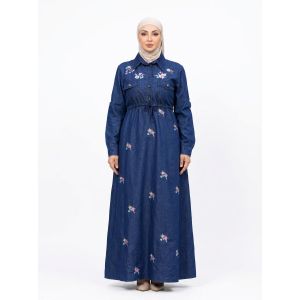 عباية نسائي طويل بتصميم أنيق وتطريز زهري، لون أزرق داكن، مثالي للمناسبات اليومية والرسمية مع خصر مطاطي وموديل مناسب للقياسات الكبيرة