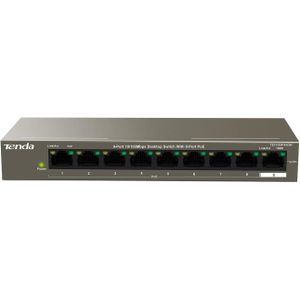 tenda تندا TEF1109P * 9-Port 10-100 Mbps محول شبكة إيثرنت سريع غير مُدار * 8 منافذ PoE @ 63W * سطح المكتب * التوصيل والتشغيل * تصميم معدني بدون مروحة * منافذ محمية * إيزي سمارت * حماية محدودة مدى الحياة