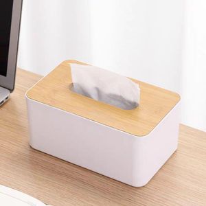 Modern Tissue Box Cover with Natural Bamboo Lid – Decorative Facial Tissue Dispenser for Home, Office, and Bathroom (White)