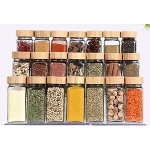 Square Glass Spice Jars, Spice Containers 200ml, Clear Glass Square Spice Jars, Wood Shape Plastic Lids, Open for Pour (24)pcs