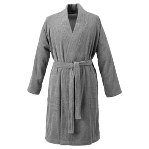Bath robe A grey, terry cotton bathrobe named ROCKÅN, designed for comfort with adjustable belt loops, side pockets, and diagonal sleeve seams.