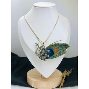 عقد الطاووس المرصع سلسلة طويله ذهبي مع ريش طبيعي