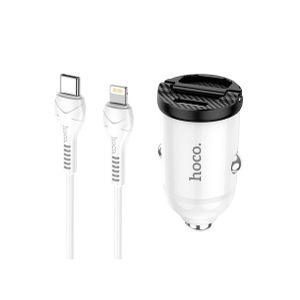 Hoco NZ2 - Link PD 30W USB-A & Type-C Ports Fast Car Charger Set With Lightning Cable (1m), Support QC3.0 AFC FCP SCP Fast Charing Protocols, Compatible With iPhone Samsung Xiaomi Oppo Huawei - white