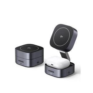 Ugreen 2-in-1 MagFlow Qi2 Wireless Charging Station 15W, Magnetic Wireless Charger Fast Charging for iPhone 16 15 Series, AirPods, iWatch, Magsafe Charger Stand Foldable 360° Adjustable With 1M USB C Cable