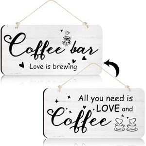 لافتة قهوة من الخشب الريفي، ديكور منزلي ريفي All You Need is Love and Coffee لافتة خشبية حقيقية، اكسسوارات المطبخ للمقهى والمزرعة وديكور حائط المنزل، 6 * 12 انش (ابيض)