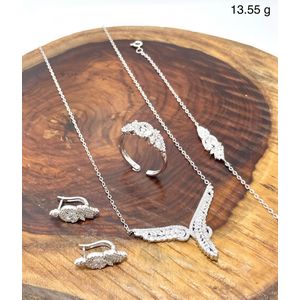 925 Sterling Silver Italian Jewelry Set (Pendant Necklace, Drop Earrings, Bracelet & Adjustable Ring) - Geometric Circular Pave Design.